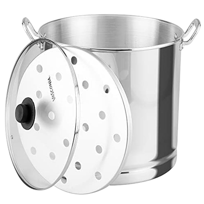 Vasconia 32-Quart Steamer Pot (Aluminum) with Tray & Glass Lid - For Most Stoves (Hand-Wash only) Large Stock Pot for Tamales, Steaming, Boiling & Frying - Makes Seafood, Pasta, Vegetables & More - Image 1